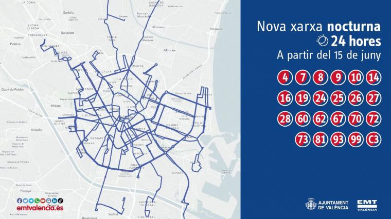 Valencia estrenará el 15 de junio una nueva red nocturna con 23 líneas y servicio 24 horas