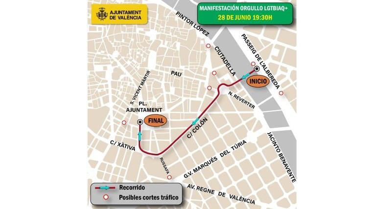 Dispositivo de tráfico para la manifestación del Orgullo en Valencia